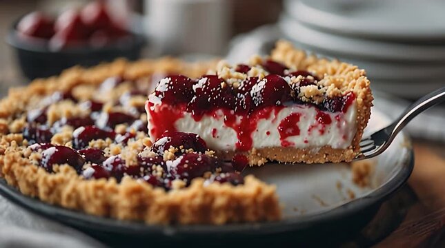 A slice of a sweet cherry dessert, with a white creamy filling and crumble topping, is lifted by a fork from a whole pie