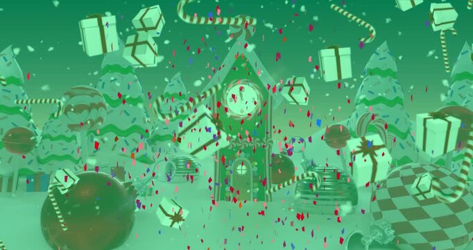 Animation of confetti, gifts and candy cane icons falling against winter landscape