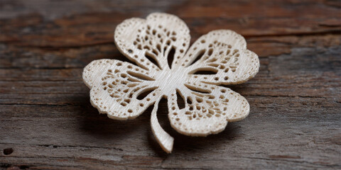 Delicate pastel shamrock laser cut wood ornament with intricate pattern, resting on rustic wooden surface, evokes sense of calm and natural beauty