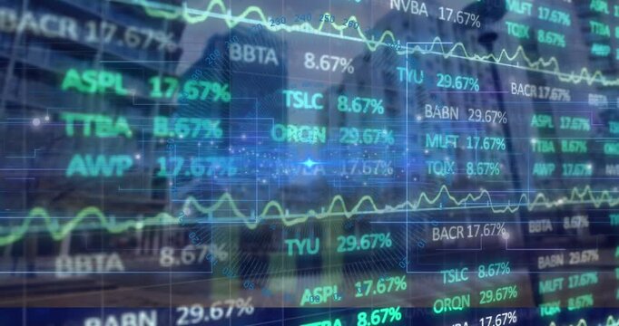 Animation depicts global data processing and finance with binary codes and city graphs.