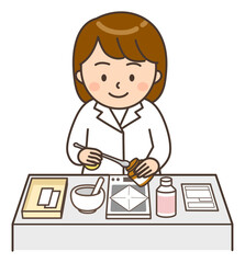 散剤の秤量をしている調剤中の若い女性薬剤師のイラスト