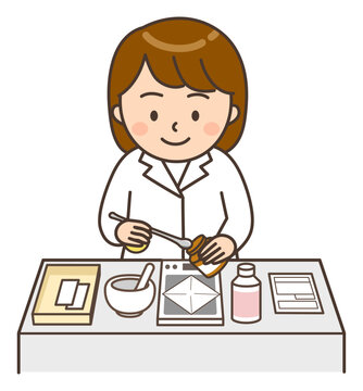 散剤の秤量をしている調剤中の若い女性薬剤師のイラスト