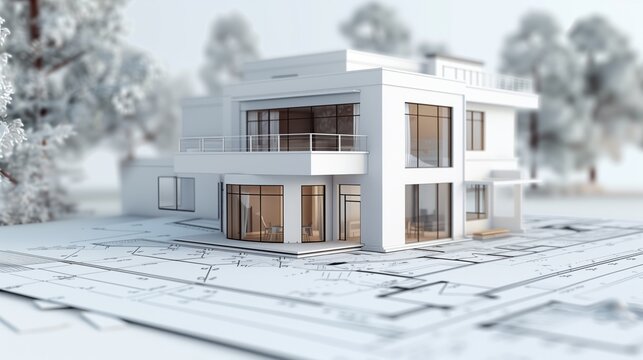 3d rendering project of new building model house on blueprint plan