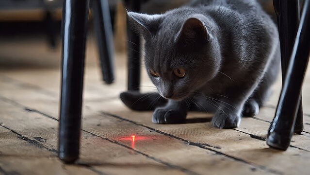 Grey cat chasing a laser pointer.