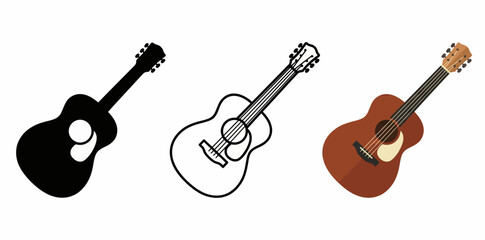 Fototapeta premium Artisan Acoustic Guitar Icon Set featuring Classical Folk Instrument Design in Silhouette, Minimalist Outline, and Natural Polished Wood Graphic Styles