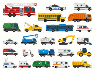 Comprehensive Service Vehicle Set with Colorful Illustrations of Fire Truck, Police Car, Ambulance, School Bus, Garbage Truck, and Construction Machinery © Rishi