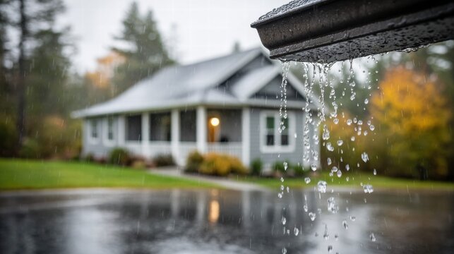 Rainwater cascades from a gutter in front of a cozy house on a rainy day.