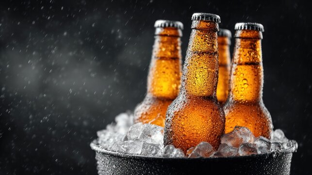 Chilled beer bottles in ice bucket with condensation against a dark background