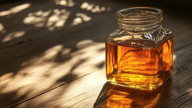 selective focus artisan honey jar with transparent container and shadow