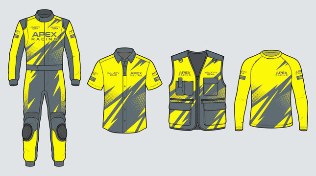 Apex Racing Team Apparel Set with Vibrant Yellow and Charcoal Grey Geometric Designs Including Professional Racing Suit, Pit Crew Shirt, Utility Vest, and Performance Jersey