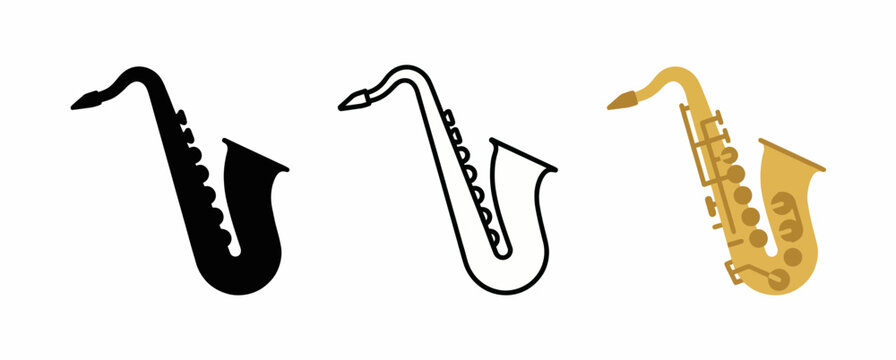 Classic Saxophone Icon Set featuring Tenor Sax Design in Silhouette, Outline, and Polished Gold Brass Flat Graphic Styles