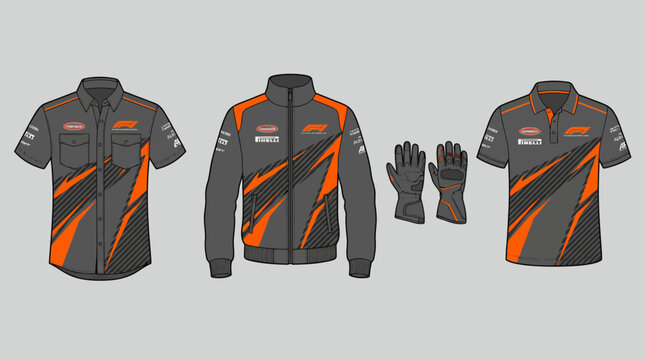 Racing Team Apparel Set with Professional Track Uniform Designs Including Pit Crew Shirt, Driver Jacket, Polo, and Racing Gloves in Orange and Charcoal