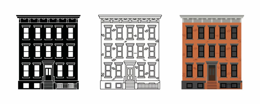 Classic Brownstone Apartment Building Icon Set with Historic Architecture in Silhouette, Outline, and Traditional Brick Flat Styles