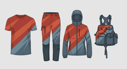 Technical Outdoor Apparel Set with Diagonal Color Block T-Shirt, Cargo Pants, Hooded Windbreaker and Utility Backpack © Rishi