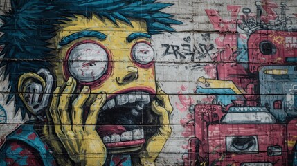 Fototapeta premium Intense Colorful Graffiti Portrait of a Man with Expressive Eyes and Distorted Facial Features on a Textured Wall.