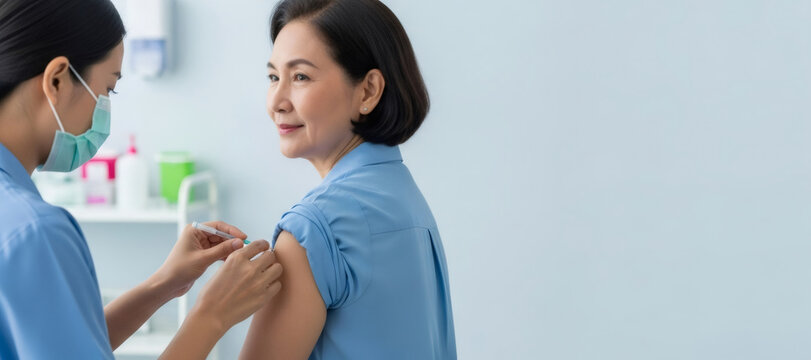 Asian woman receiving vaccine shot from nurse. Elder woman getting vaccinated. Health care treatment and medical prevention for immunity concept. Banner with copy space