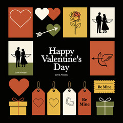 Valentine&rsquo;s Day Design Elements Collection with Hearts, Rose, Gift and Couple Silhouettes. Perfect for greeting cards, posters, social media content, invitations, packaging, branding, and romantic.