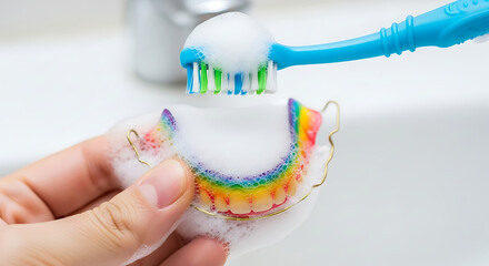 Hand cleaning rainbow retainer with toothbrush and foam