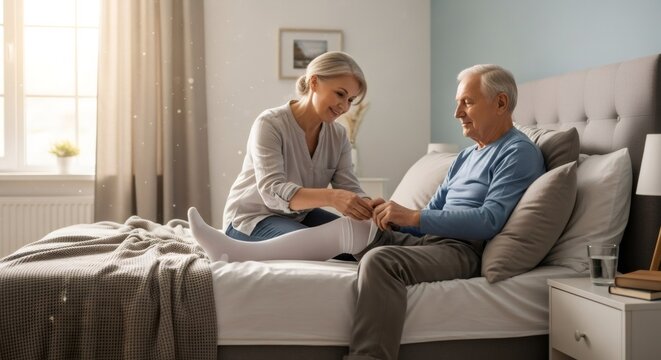 Smiling woman carer putting on compression sock on senior man in bed. Rehabilitation and therapy for elderly patient after illness at home.