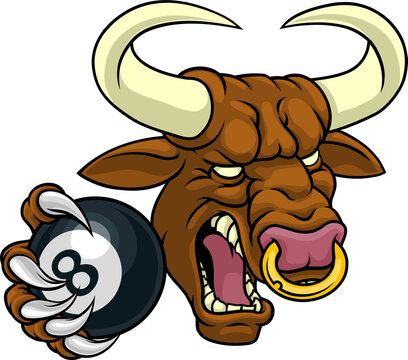 A bull or Minotaur monster longhorn cow angry mean pool mascot cartoon character. 