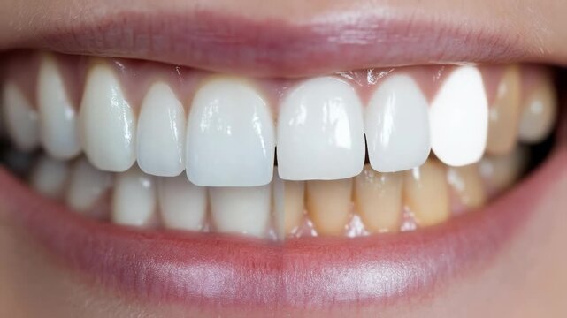 Close up showing brilliant white dental enamel next to dull, yellowed tooth surfaces. A sparkling smile signifies good oral health, representing aesthetic improvement and dental hygiene.