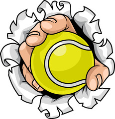 A strong hand holding a tennis ball tearing through the background. Sports graphic