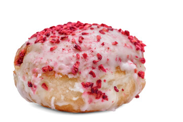 A close-up of a jam doughnut with icing and fruit sprinkles