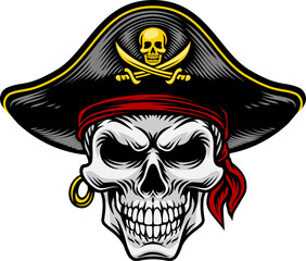 Fototapeta premium A pirate skull in a captain hat skeleton vintage woodcut style design