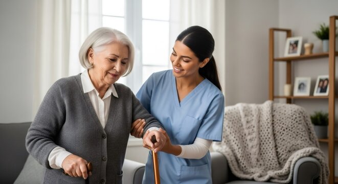 Woman nurse helping elderly woman with walking stick. Home healthcare support and assistance for senior in recovery. Retirement and aging concept.