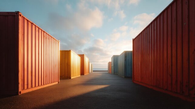 Row of shipping containers lined up in a straight line. the containers are of different colors - red, orange, yellow, and blue - and are arranged in a way that creates a sense of depth and dimension.