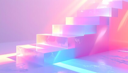 Fototapeta premium Futuristic Iridescent Crystal Steps Podium Background. Geometric 3D Stage with Neon Pink and Blue Holographic Lighting for Product Display.