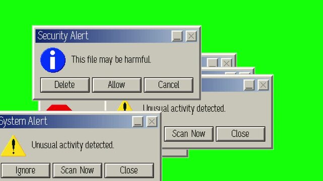 Retro computer error windows filling screen animation on green background