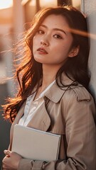 Elegant Asian woman in a trench coat holding a notebook at sunset