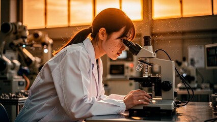 Female scientist using microscope in laboratory during golden hour