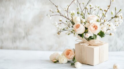 Bouquet of flowers sits on a table next to a white box