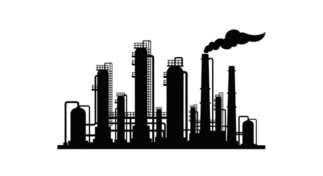 Silhouette of an industrial oil refinery with smoke stacks.