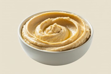 Bowl of creamy beige hummus dip white bowl