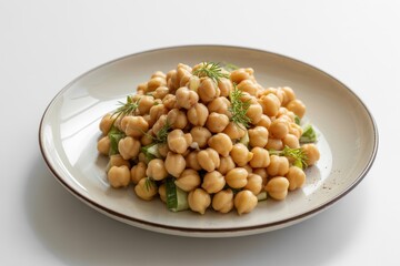 Chickpea salad on white plate with dill white background