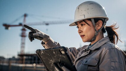Japanese female engineer with tablet pointing at construction site