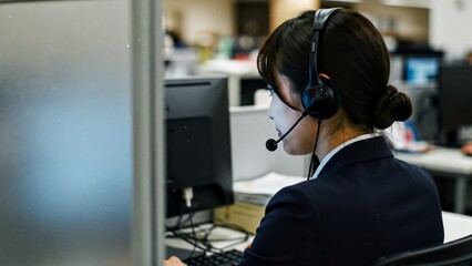 Asian female customer support agent working at a call center