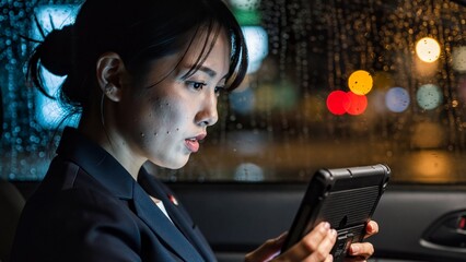 Professional woman using tablet in a car during rainy city night