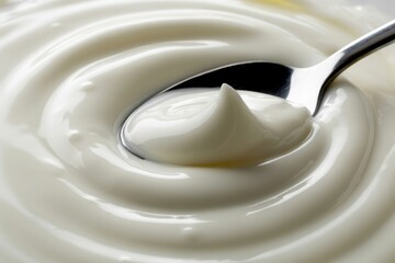 Close up of white cream with a silver spoon yogurt