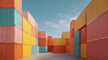 Large number of colorful shipping containers stacked on top of each other. the containers are of different sizes and colors, including red, orange, yellow, green, blue, and pink.