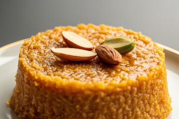 Close up of a dessert made from crushed wheat topped with almonds and pistachios