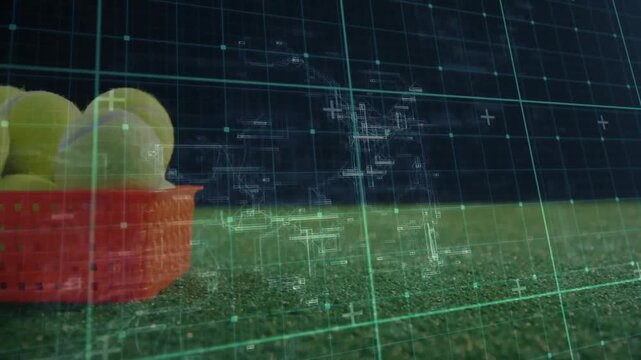 3D render showing red tennis-ball basket sitting on green turf under neon grid overlay