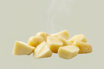 Steaming chunks of white cheddar cheese on pale background
