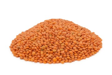 Pile of red lentils on white background heap legumes