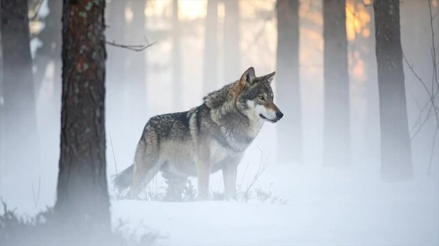 A wolf stands in a snowy forest, with a soft, ethereal fog surrounding the trees