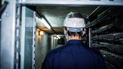 Worker in hard hat inspecting cables in a dark industrial tunnel