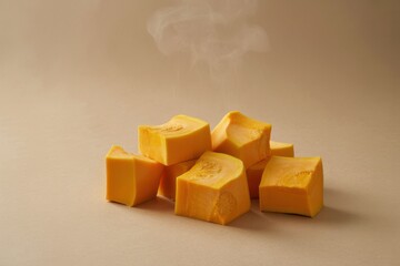Steaming chunks of butternut squash on beige background